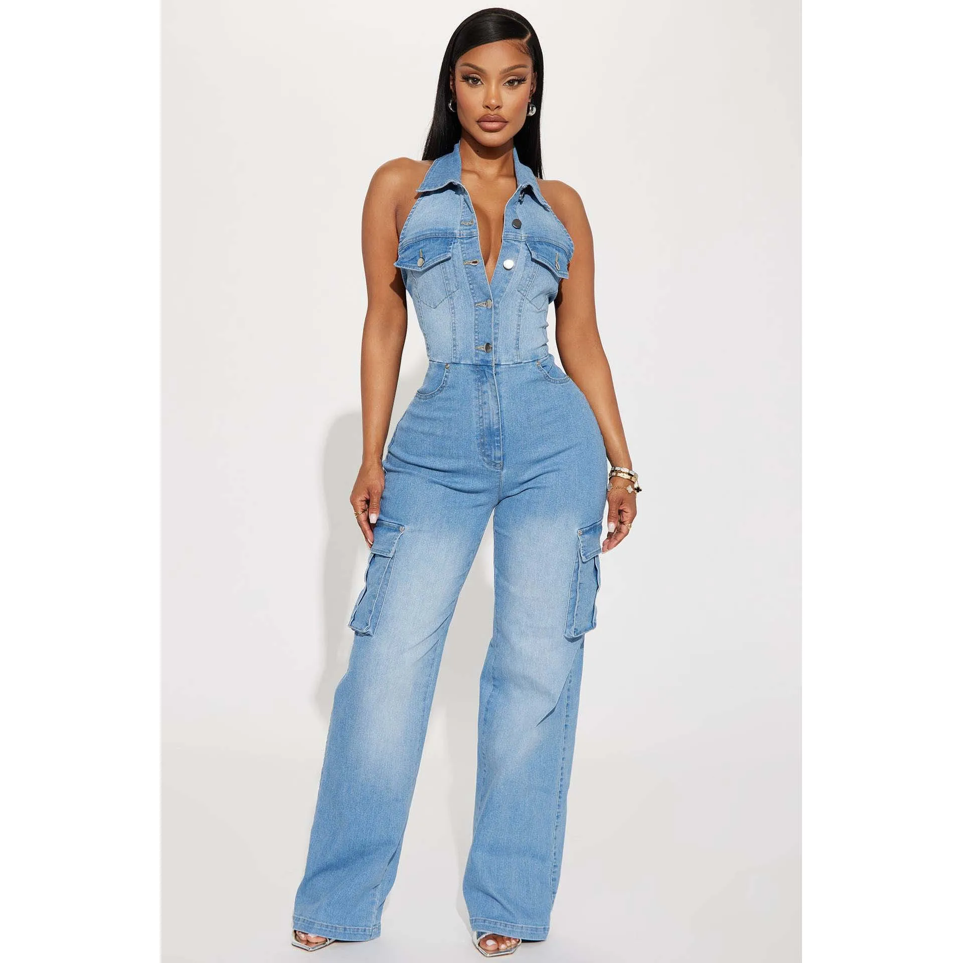 Sexy Denim Jean Jumpsuit 2024 Women Summer Clothes Pocket Cargo Pants Y2K Streetwear One Piece Denim V Neck Rompers Jumpsuits