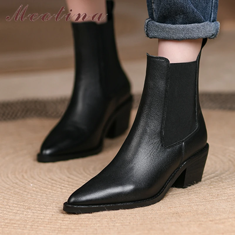 

Meotina Women Genuine Leather Ankle Boots Pointed Toe Chunky High Heels Chelsea Short Boot Ladies Fashion Shoes Autumn Winter 42