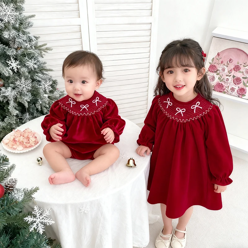 coordinating sister christmas dresses Fiesta Frock - Matching for Sisters Festive Christmas girls bubble with French knot ornaments Matching Sister Christmas Dresses -