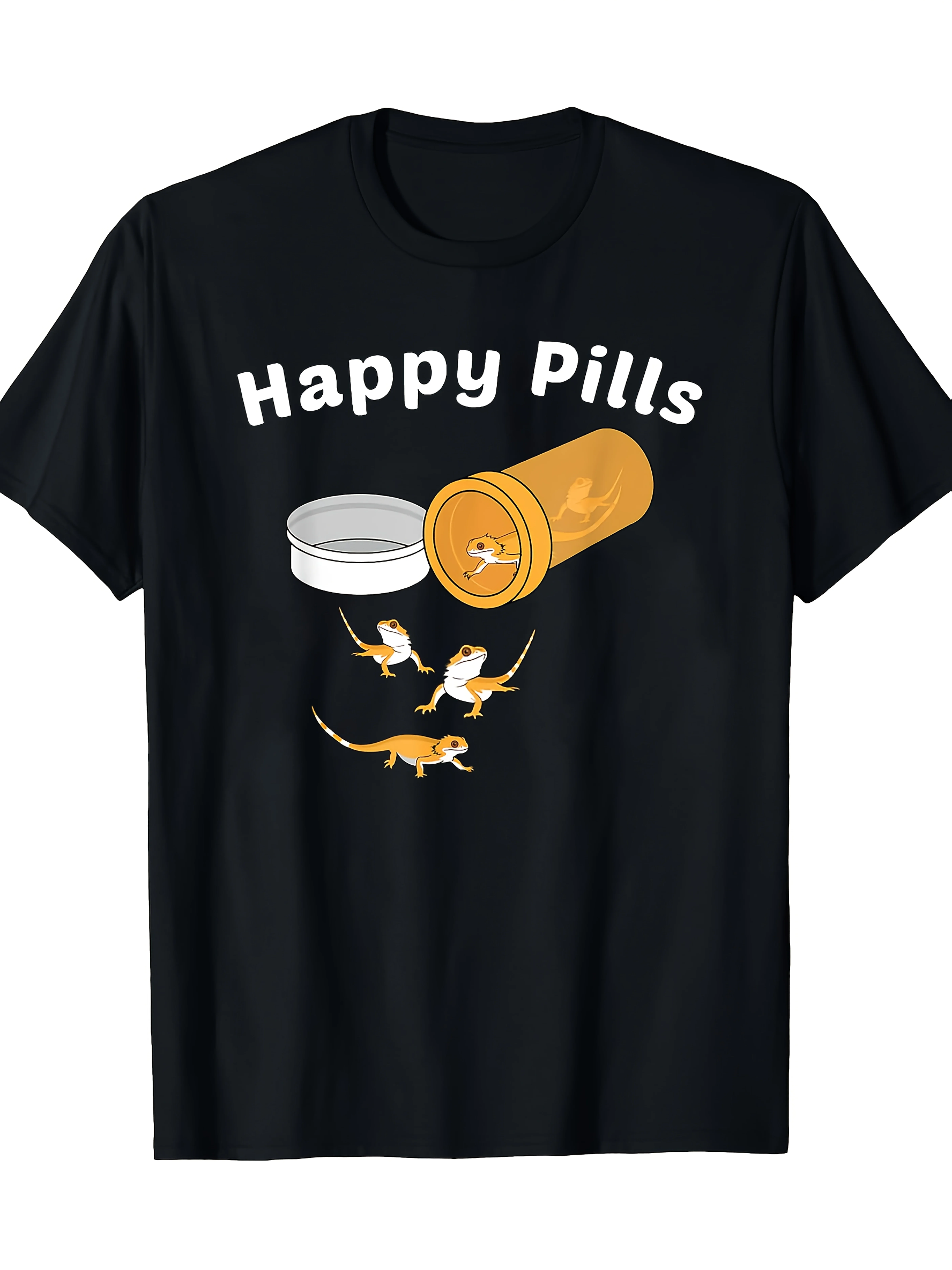 Men'S Happy Pills Pattern T-Shirt - Funny Bearded Dragon And Gecko Design, Casual Tee, Short Sleeve, Crew Neck, with Orange And