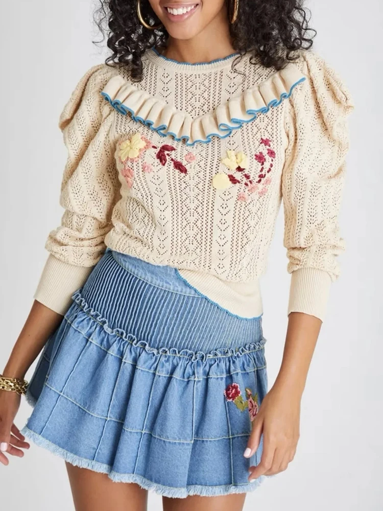 GypsyLady Knitted Vintage Boho Sweater Pullover Ruffles Applique Hollow Out Women Sweaters Autumn Casual Chic Ladies Jumpers Top