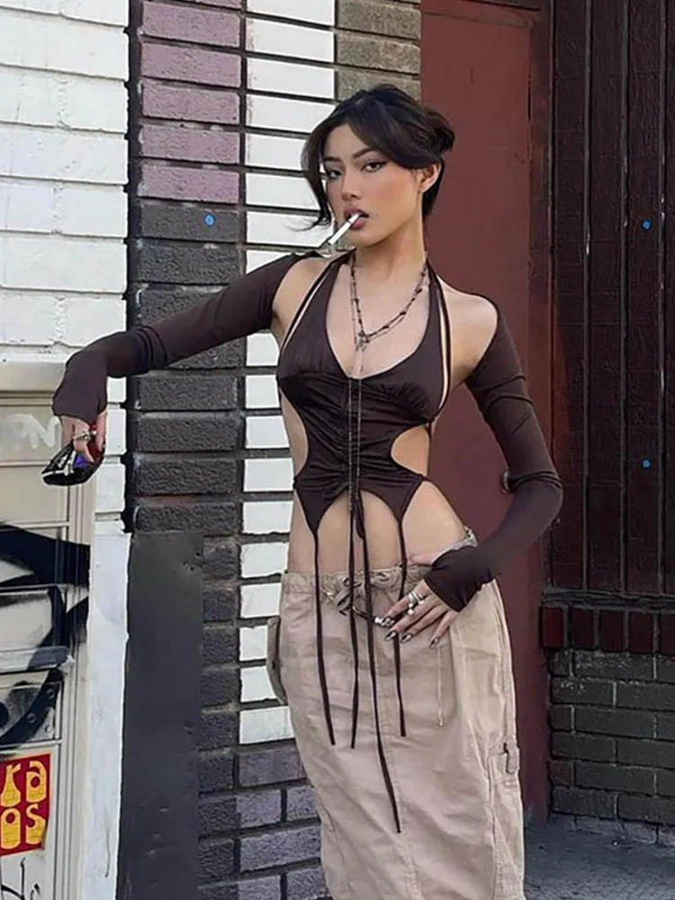 

Y2k Уличная одежда, укороченный топ с длинными рукавами и лямкой на шее, сексуальные модные женские футболки с открытой спиной, эстетические