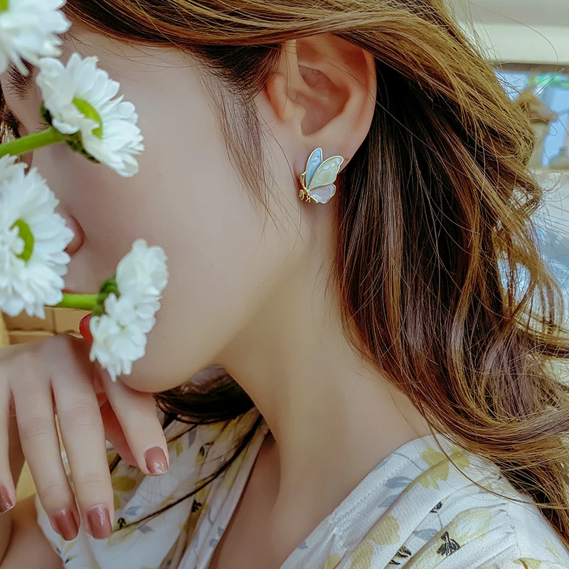 S925 Silver Needle Korean Version Simple Fashion Drop Oil Butterfly Sweet Lovely Temperament Color Earrings Female Wholesale