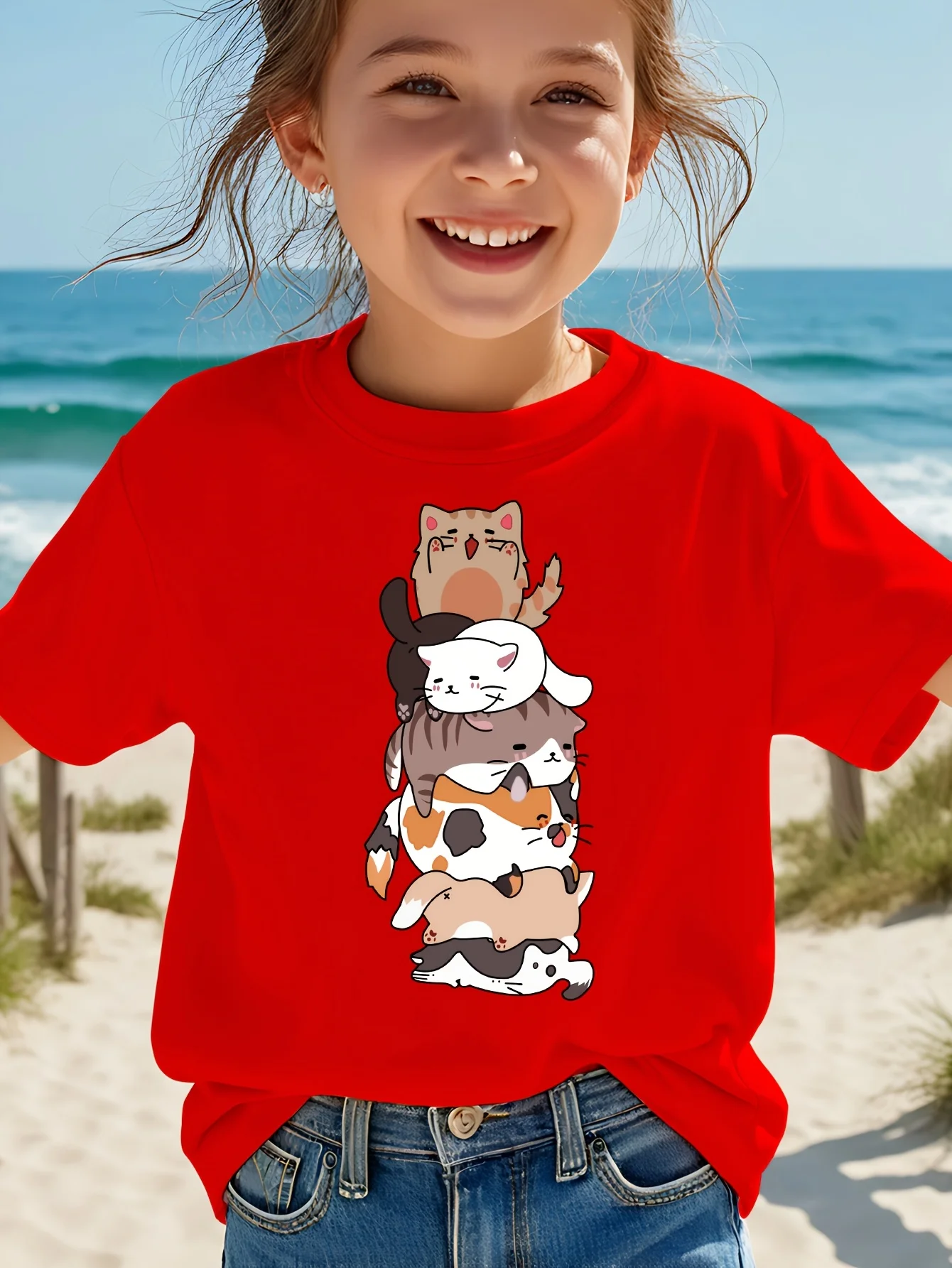 Vertical Stack Cartoon Cat Print Kids Tee Boys Girls Family Matching Short Sleeve Soft Breathable Parent Child Daily Comfort Top