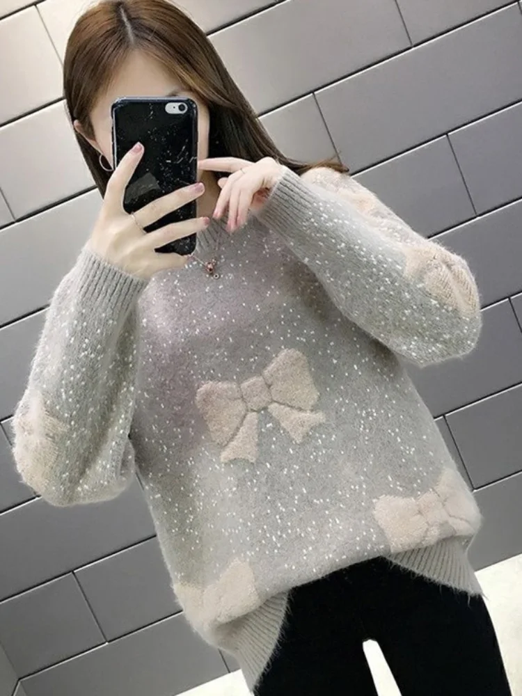 سترة مخملية سميكة بنصف الياقة العالية سترة نسائية محبوكة بفيونكة ناعمة غير رسمية على الموضة الكورية بلوفرات سفلية دافئة فضفاضة