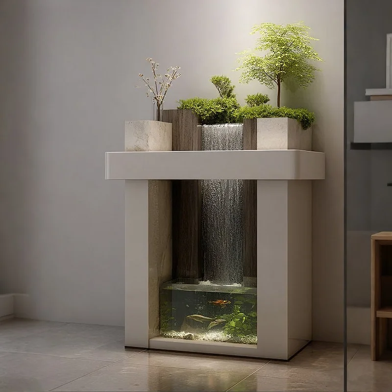 Water border cubic landscaping Entrance platform Modern fish tank Waterfall side cabinet Stainless steel living room circulating