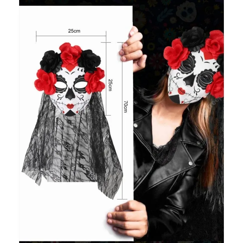 Fantasma Sposa Maschera di ruolo Halloween Terrore Abbigliamento Partita Labbra rosse Maschera di fiori Festa Gioca al ruolo Abbigliamento Copricapo Visiera