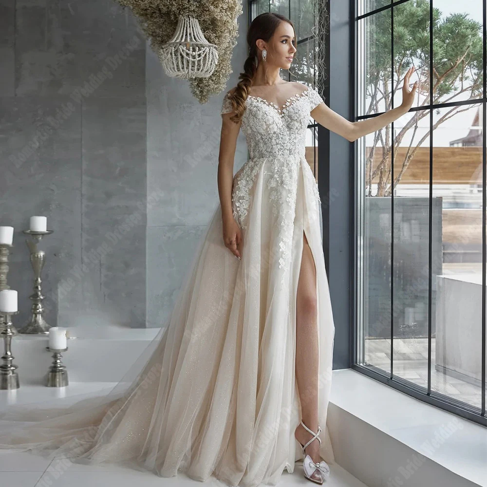 Illusion A-Line Wedding Dresses Off The Shoulder Sleeveless Tulle Bride Gowns Mopping Length Engagement Banquet Vestido De Novia