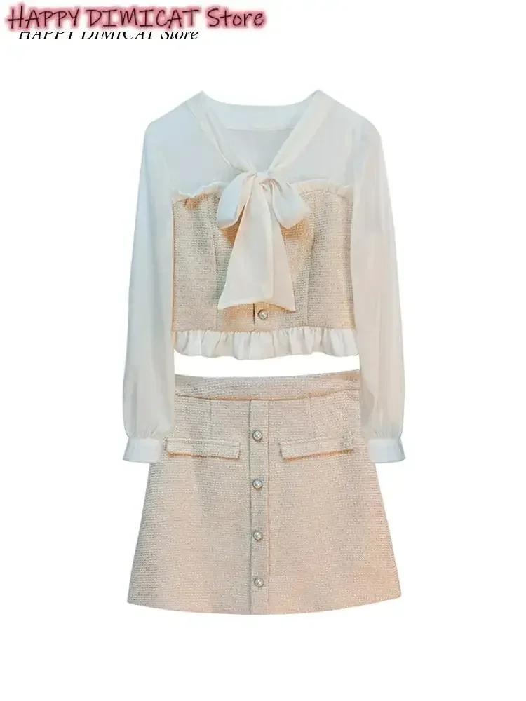 Short Skirt Two-Piece Suit Lady Lace Bow Tie Blouse Ladies Temperament Small Fragrance Fashion Suit New