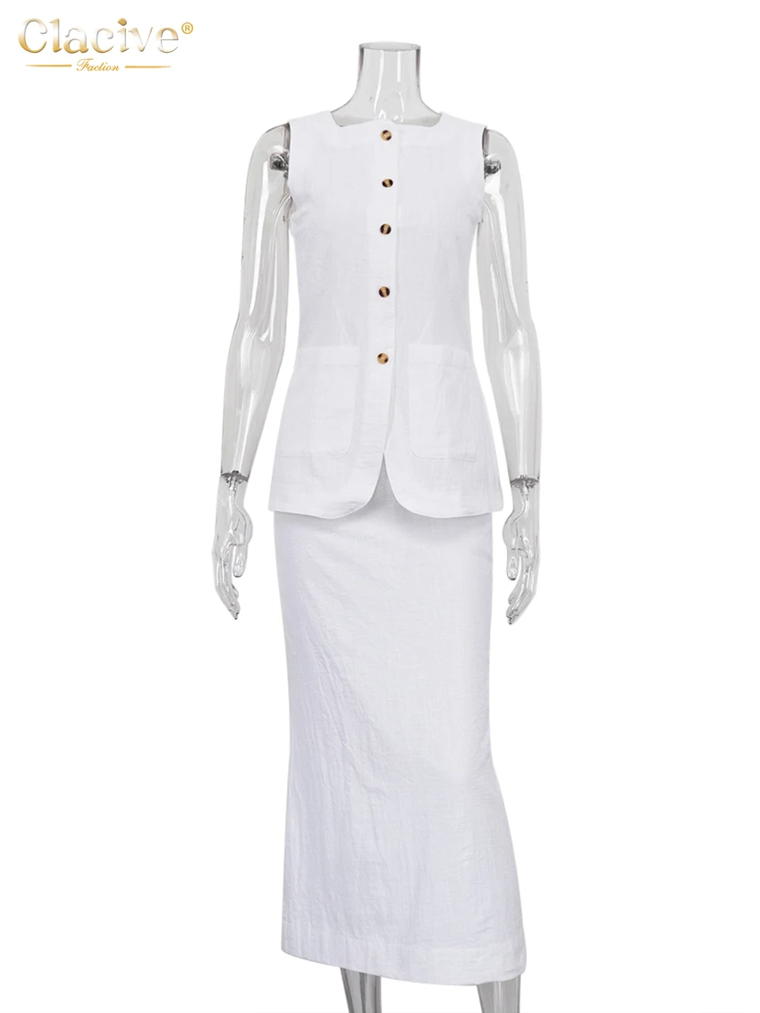 ClacMarkets-Ensemble Deux Pièces en Coton Blanc pour Femme, Slim, Élégant, Taille Haute, Longue Jupe, Été, 2023