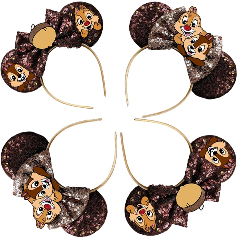 Disney Chip 'n' Dale Ears Headbands Women Sequins Bow Cartoon Anime Hairbands Girls Stitch Headwear Alien Hair Accessories Kids