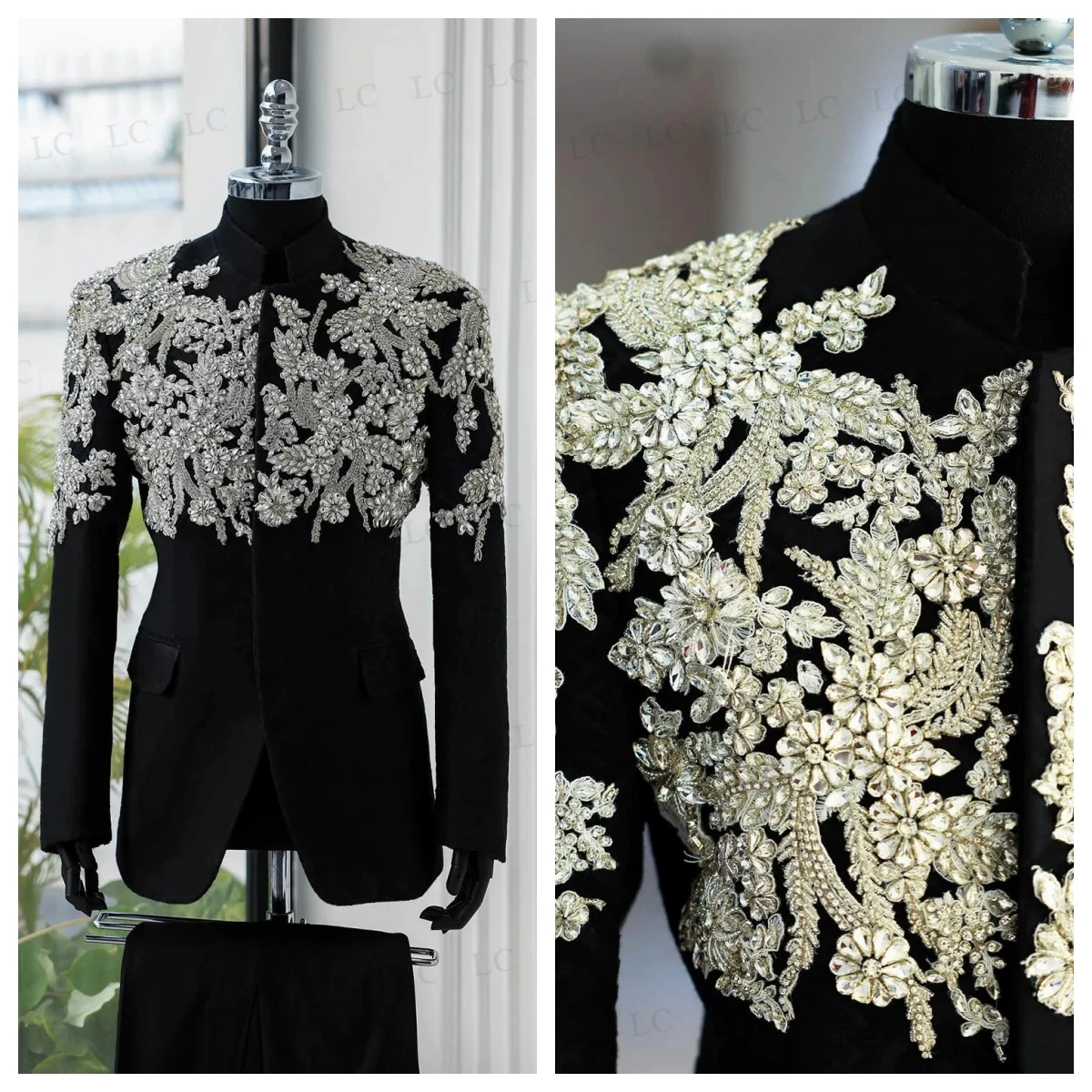 

Velvet 2 Pieces High Fashion Lapel Men Suits Diamonds Blazer Pants Appliques Tuxedo Slim Wedding Groom Prom Plus Size Customed