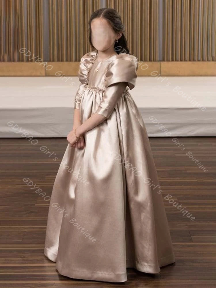

Champagne Flower Girl Dress for Wedding A-line Princess Satin Pleated Communion Dress With 3/4 Sleeves Kids Custom Party Gown