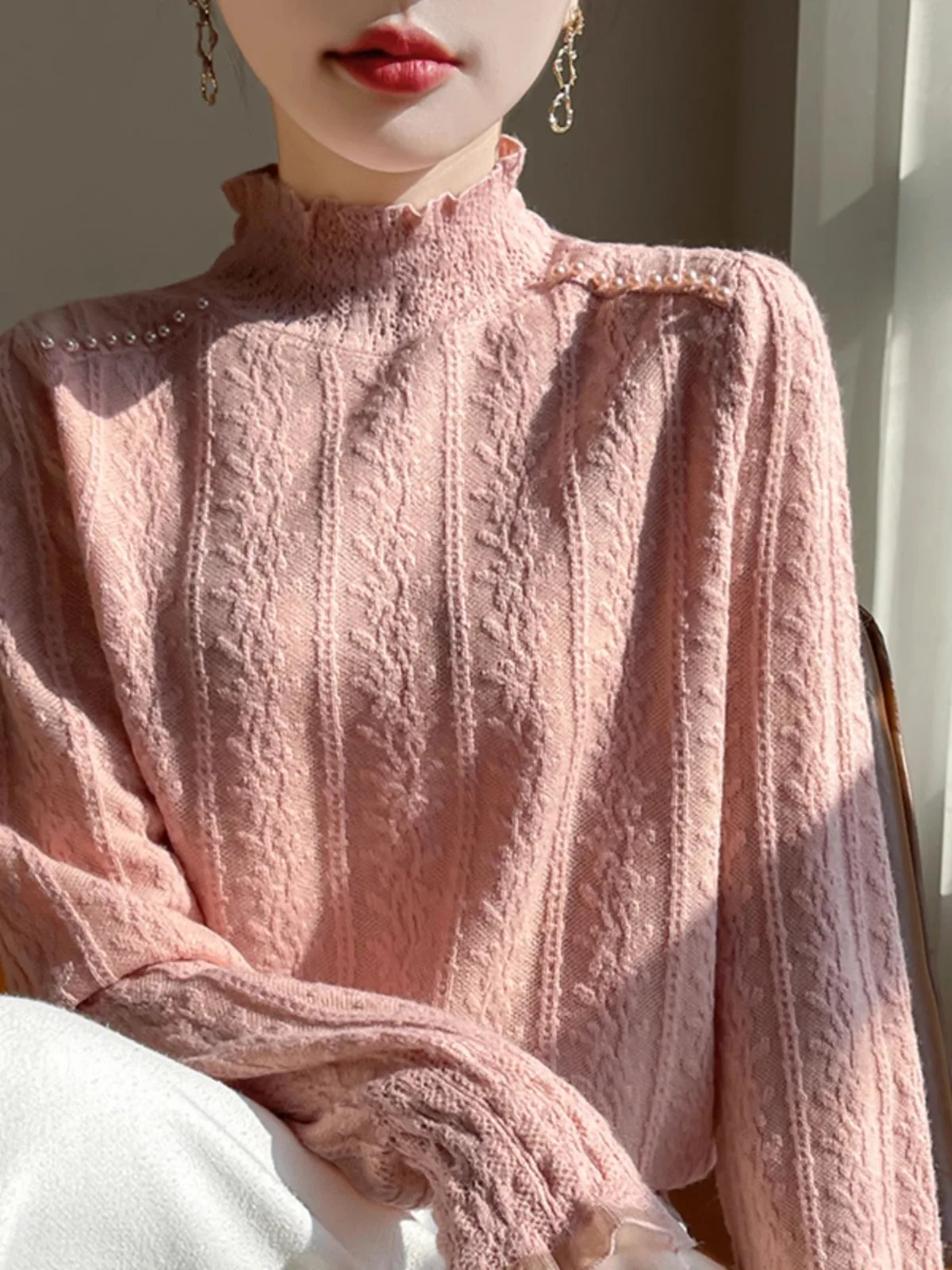 Ele high-end malha renda superior base feminina irt f gola alta camisola interior usar orelha de madeira design outono inverno