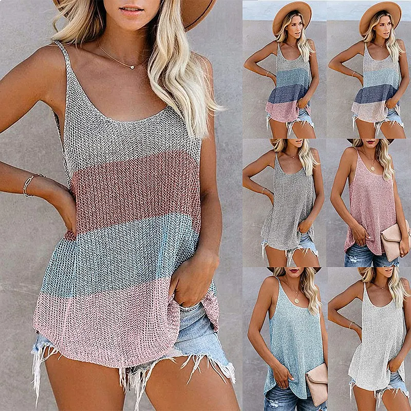 Summer Knit Vest Colorblock Round Neck Sleeveless Tops Knitwear Women Camisole