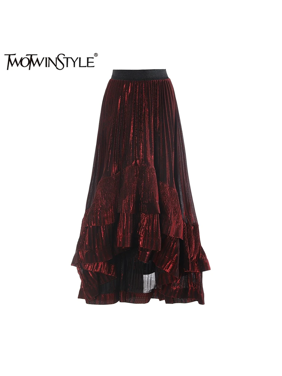 TWOTWINSTYLE Solid Spliced Ruffles High Street Skirt For Women High Waist Elastic Waist Party Asymmetrical Skirt Female Fashion