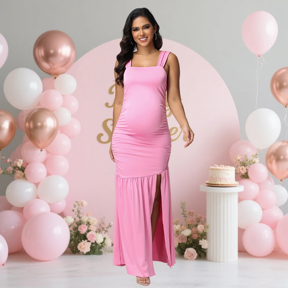 الأمومة مثير واسعة حزام بلا أكمام فساتين طويلة Bodycon Ruched Paneled سبليت ثوب لالتقاط الصور استحمام الطفل