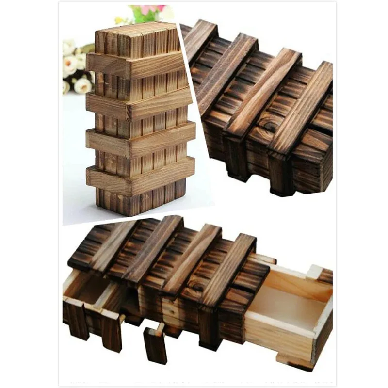 

Vintage Wooden Puzzle Box with Secret Drawer Magic Wood Compartment Brain Teaser Toys Puzzles Boxes Kids Toy