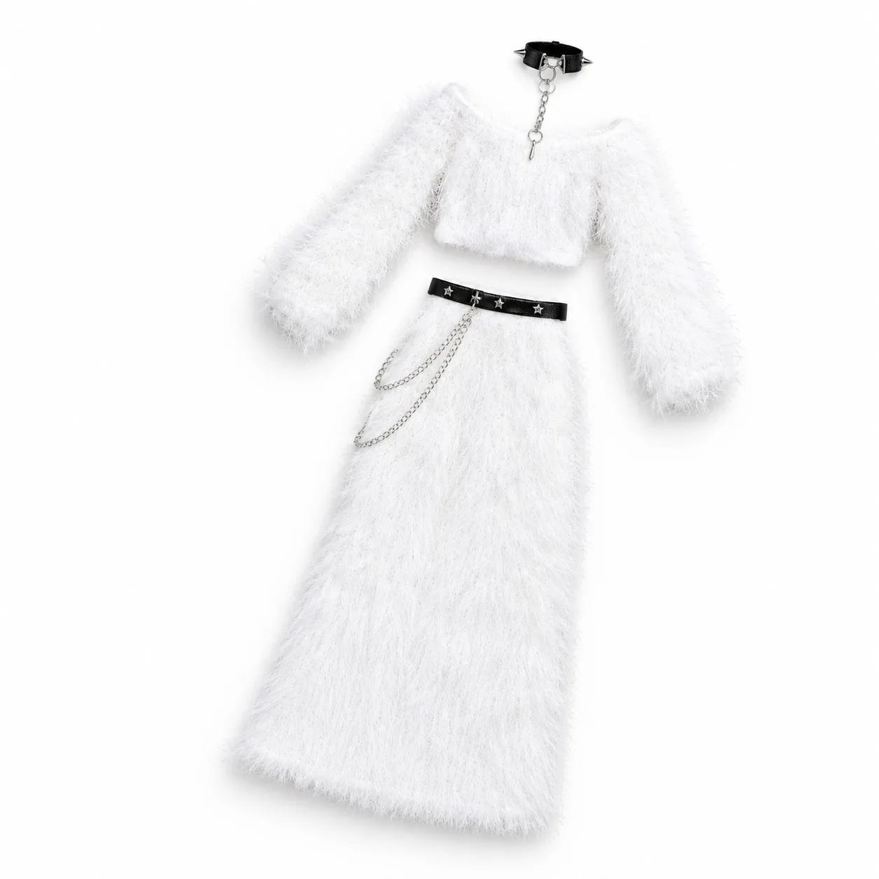 Gothic Winter Doll Outfit White Plush Off Shoulder Top Maxi Skirt Star Belt Choker 4pcs Set for 1/6 BJD OB22 OB24 Azone S M