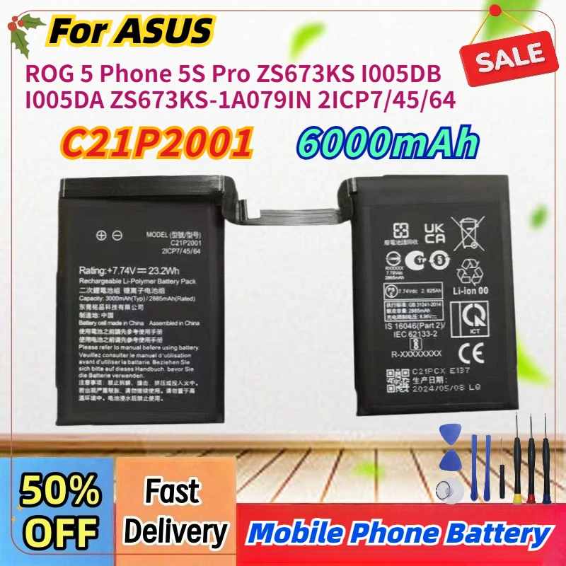 6000mAh C21P2001 Replacement Phone Battery For ASUS ROG 5 Phone 5S Pro ZS673KS I005DB I005DA ZS673KS-1A079IN 2ICP7/45/64
