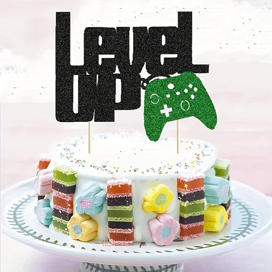 1pc Level Up Cake Topper Black And Green Glittery Video Game Party Cake Decor Video Game Controller