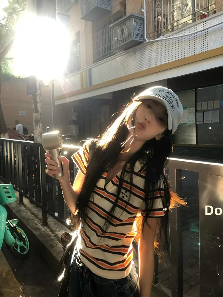 Koreaanse College Sle Ne Stripe ort Sve dames T-shirt slim fit vintage zomertop vocht creatief ontwerp