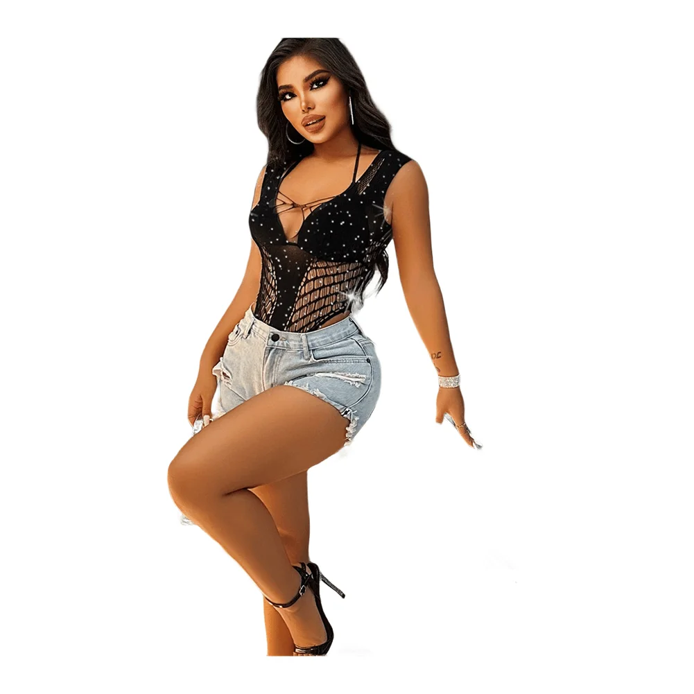 

Черное женское сексуальное белье: сетчатое боди с глубоким V-образным вырезом, ажурные колготки, дышащее нижнее белье с блестящими стразами