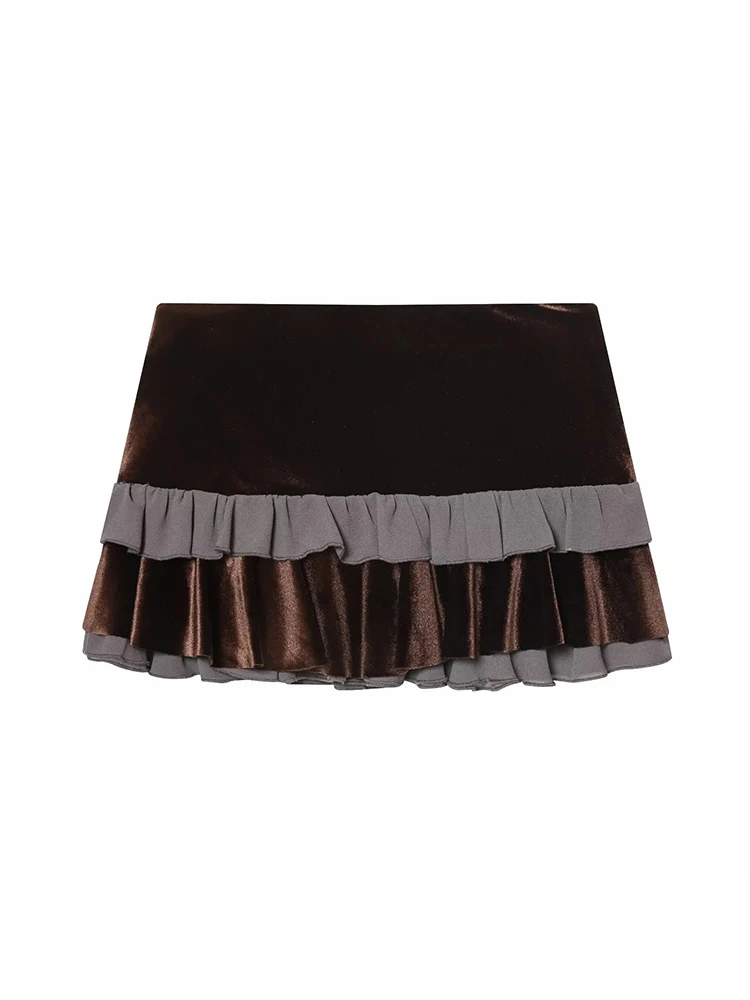 

Women New Splicing Stacking Velvet Pleated Mini Skirt Vintage High Waist Autumn Skirts Brown Skirt