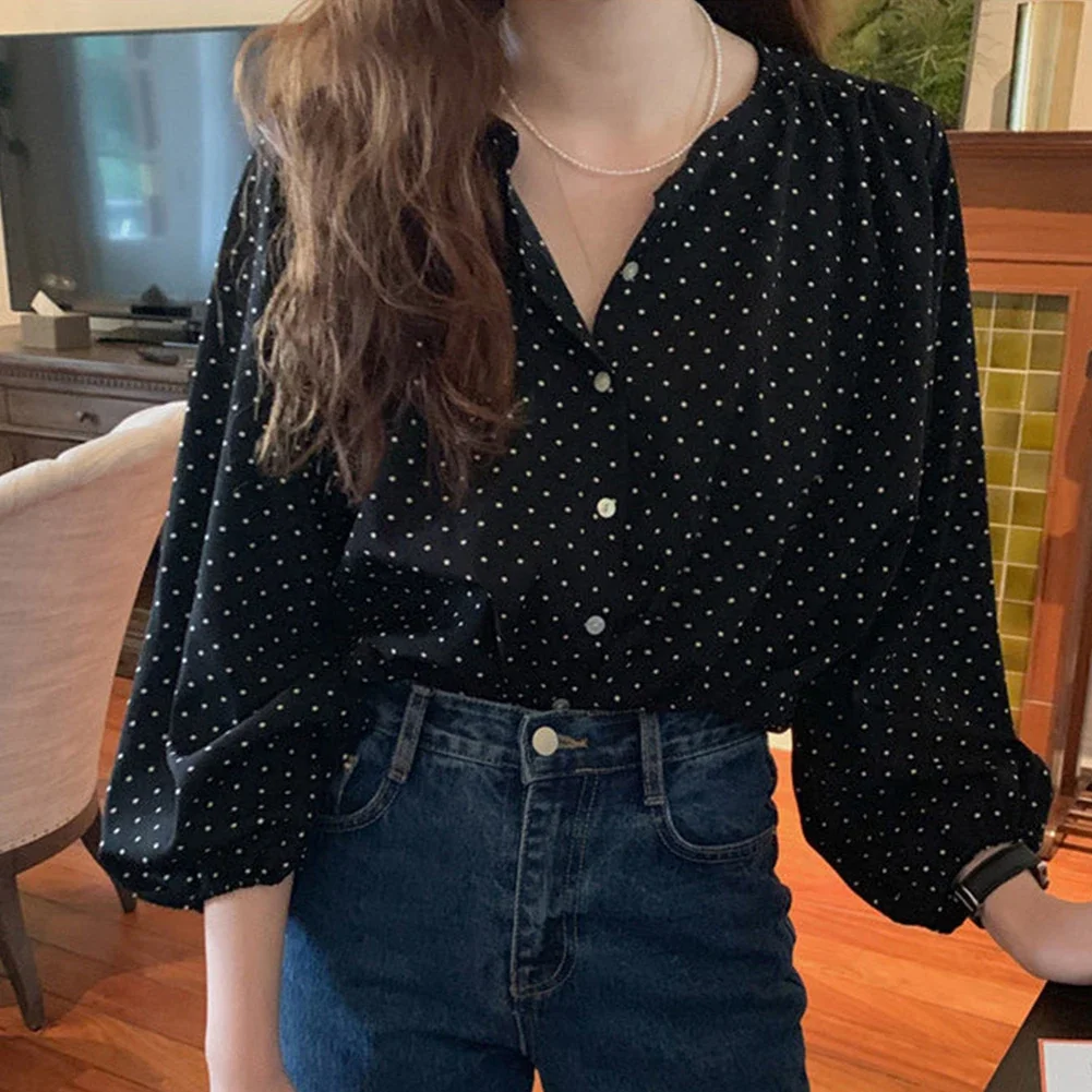 Chic-Retro Blouse Hepburn Style Lapel Contrast Color Polka Dot Design Loose Leisure All-Matching Long Sleeve Shirt For Women