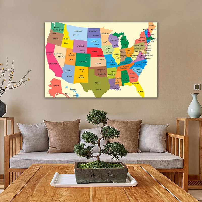 The USA Map in English 150*100cm Canvas Painting Wall Art Poster and Prints Decorative Hanging Picture Office  School Supplies