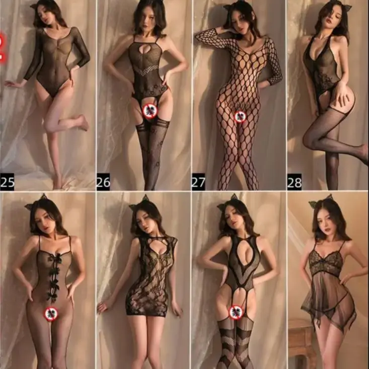 Conjunto de Lingerie Sexy de Malha Preta Feminina, Bodysuit Safado Exótico, Babydoll De Pelúcia, Lingerie De Tamanho Universal