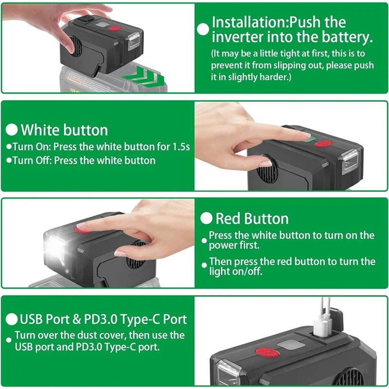 

AB41-инвертор мощности для батареи Ryobi 40 В, 200 Вт постоянного тока, 18 В переменного тока, 110 В переменного тока, выходной порт типа C PD3.0 и светодиодное освещение, вилка стандарта США