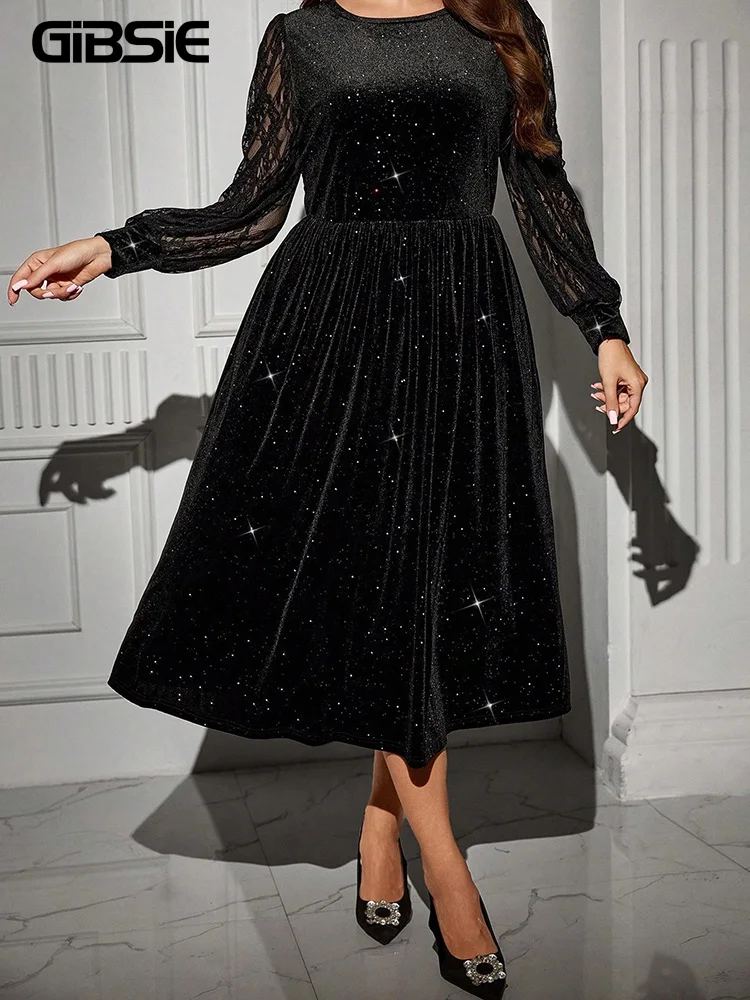 فستان GIBSIE مقاس كبير بأكمام شبكية سوداء لامعة من المخمل فستان نسائي أنيق عالي الخصر على شكل حرف a للحفلات فساتين طويلة للسيدات لخريف 2025