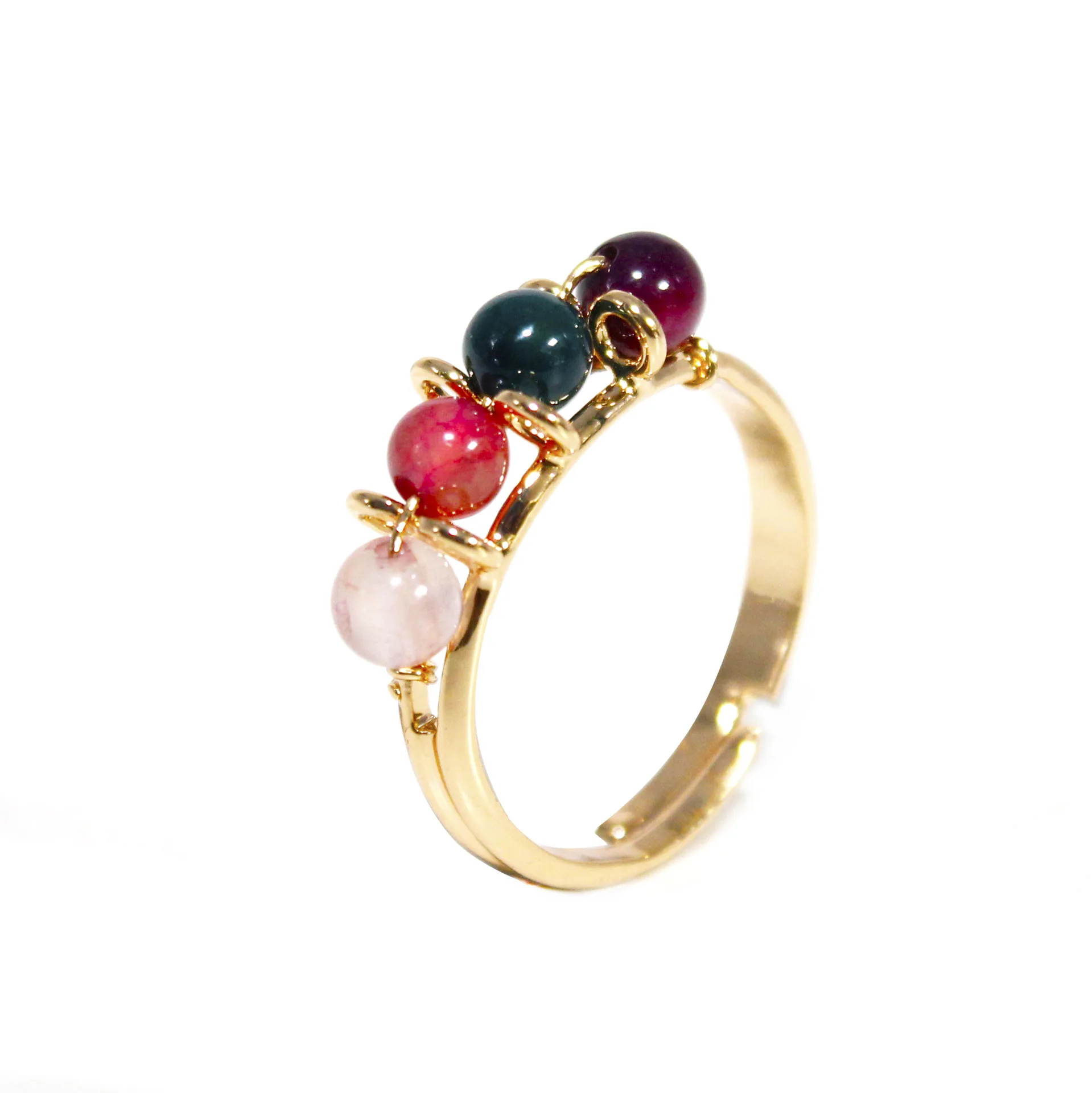 

Handmade genuine natural agate round bead winding ring, colored agate round bead copper wire woven simple, adjustable jewelry