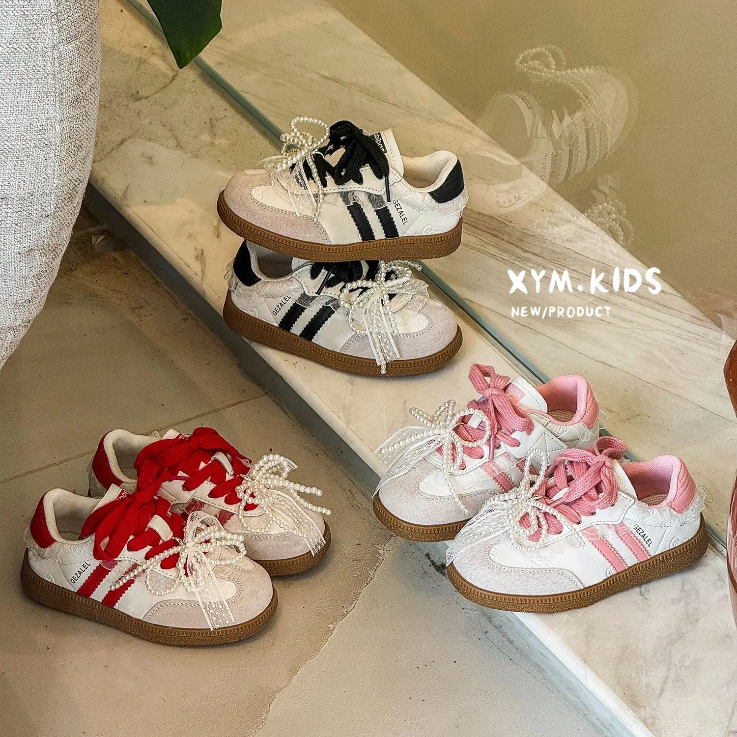 2026 Spring New Kids Casual Shoes Korean Style Color Blocking Pearl Bow Girls Sneakers