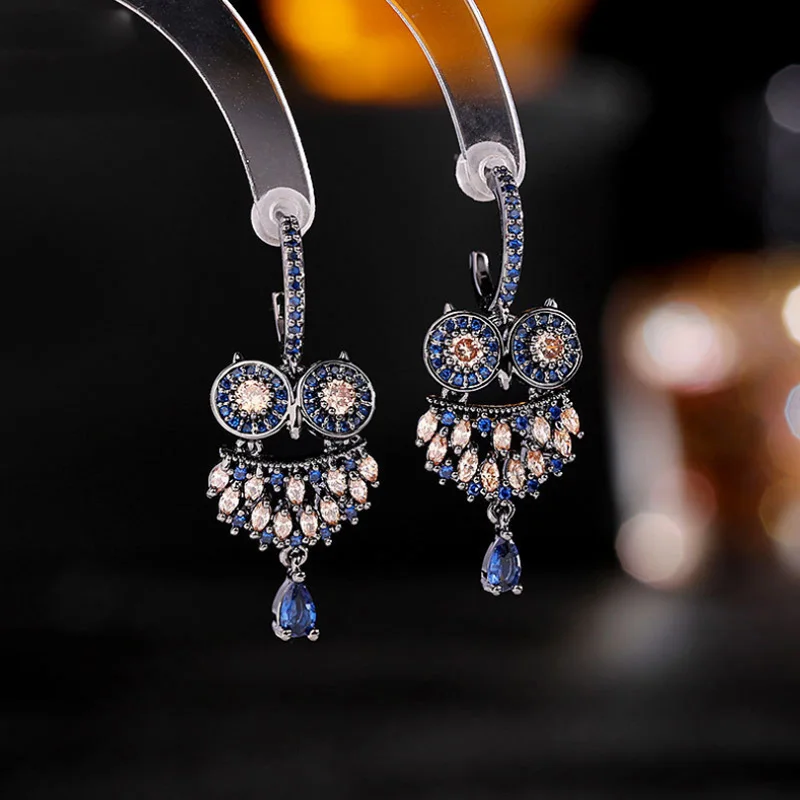 

Luxury Retro Owl Earrings European American Fashion Zircon Micro-Inlaid Personality New Style