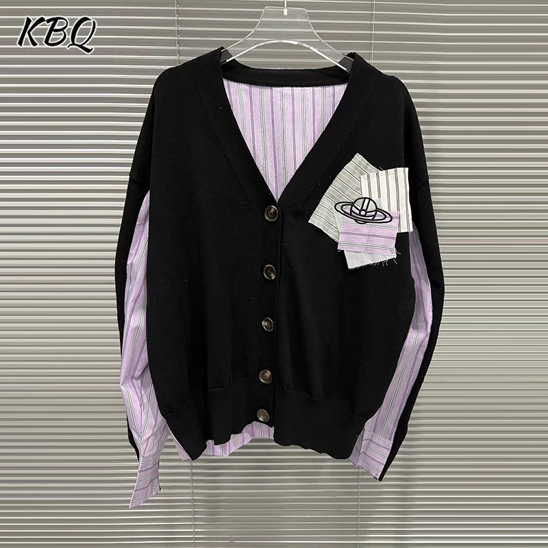 

KBQ Hit Color Loose Spliced Button Loose Sweater for Women V Neck Long Sleeve Temperamnet Sweater Female Fashion Style Winter