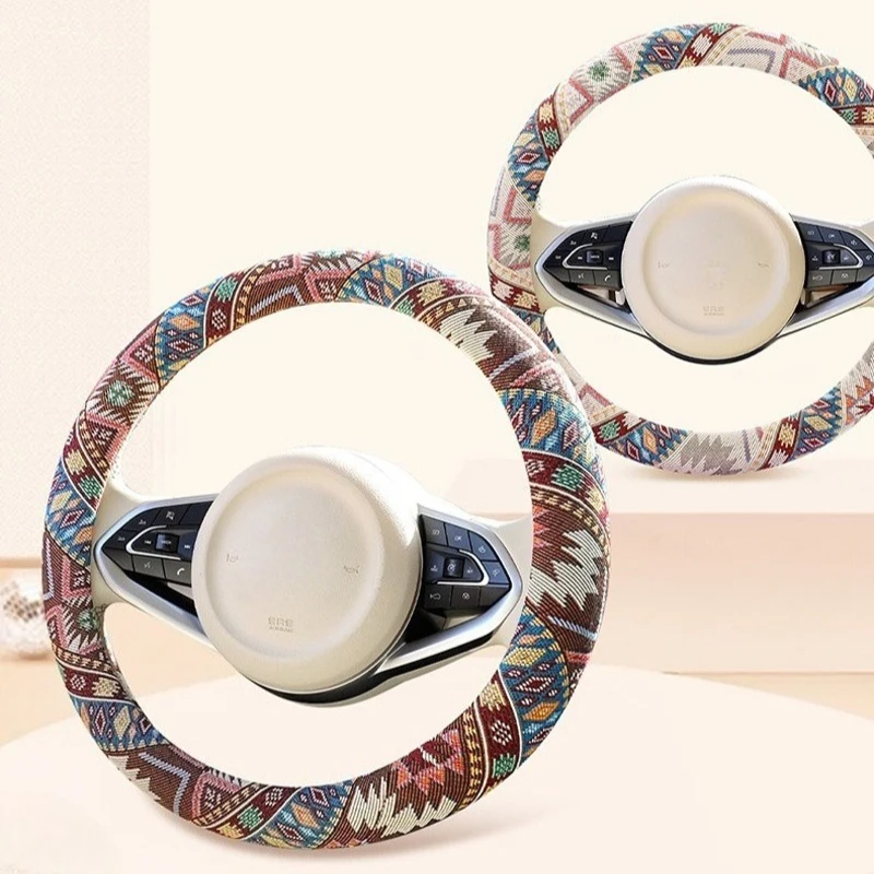 New Car Steering Wheel Cover Linen Ethnic Style Anti Slip Comfortable O-type D-type Car Handle Wrap Interior Decor Accessories