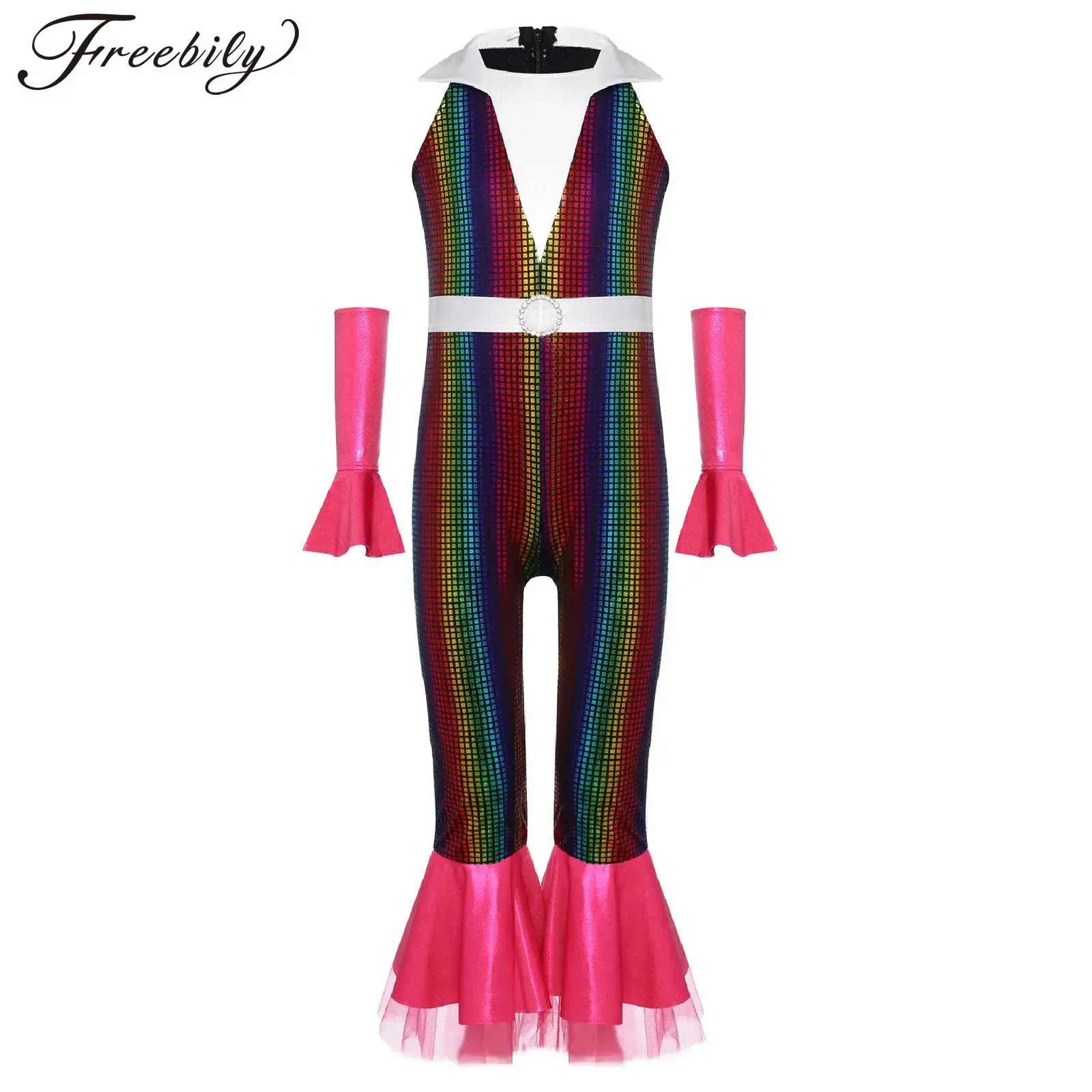 Mono de fiesta de discoteca para niñas de 70 a 80 años, disfraz de Cosplay Hippie de Carnaval de Halloween, mono acampanado colorido sin mangas con mangas en los brazos