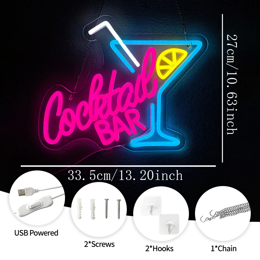 Cocktail Bar Led Neon Sign, Martini Icon Usb Powered, Suitable For Bars, Clubs, Man Caves, Restaurants, Party Art Decor.
