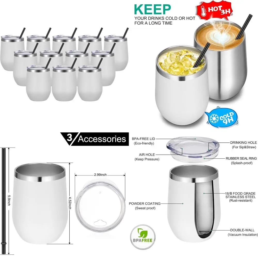 

Bulk Pack of 12, 12-Ounce Stainless Steel Stemless Wine Tumblers with Lids and Straws, Double Wall Vacuum Insulated