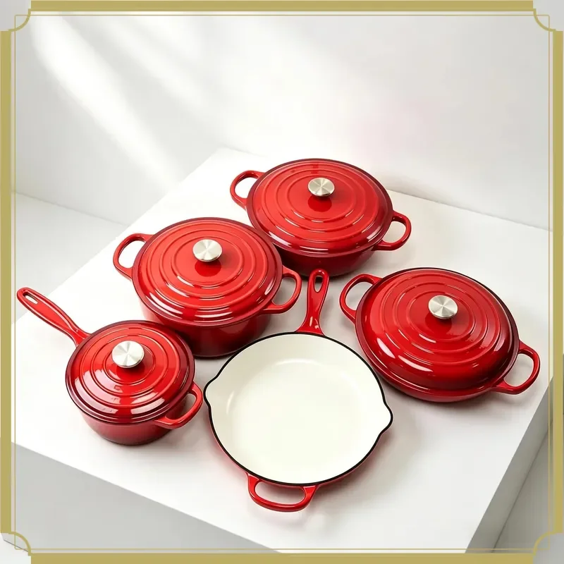 5Pcs Enamel Cast Iron Cookware Set Dutch Oven Skillet Sauce Casserole Pan Custom Logo OEM Cooking Pot Set for EU Supermarket