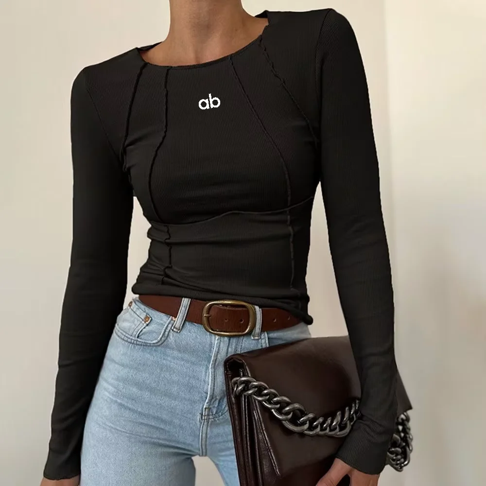 Damen Yoga Frühling Herbst O-Ausschnitt Langarm-Shirt Einfarbiges Design mit Nahtdetails am Brustbereich Schlankes Strick-Basic-Layering-Top