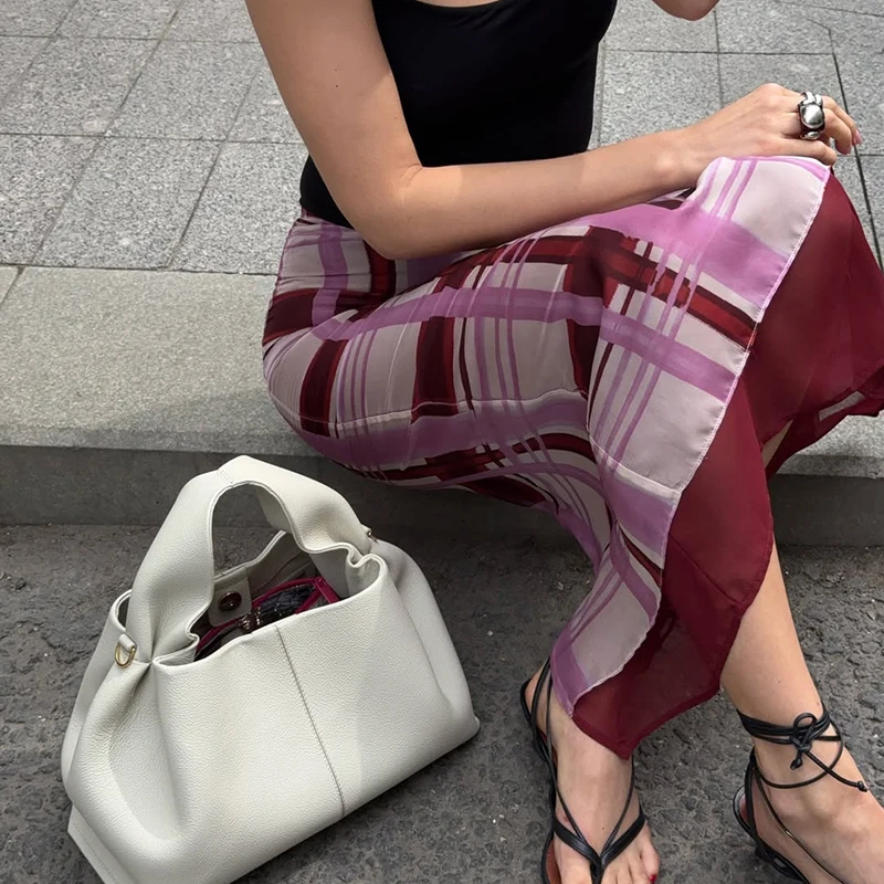 Ticketsx Plaid Contrast Print Skirt For Women High Waist Patchwork Summer 2025 Slim Dress Female Fashion Office Lady Slit Skirt