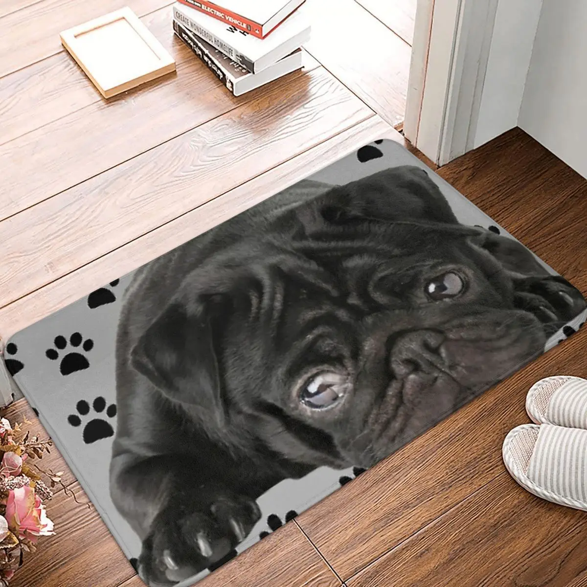 Adorable Black Pug Anti-slip Doormat Floor Mat Washable Carpet Rug for Kitchen Entrance Home Bathroom Living room Footpad Mats