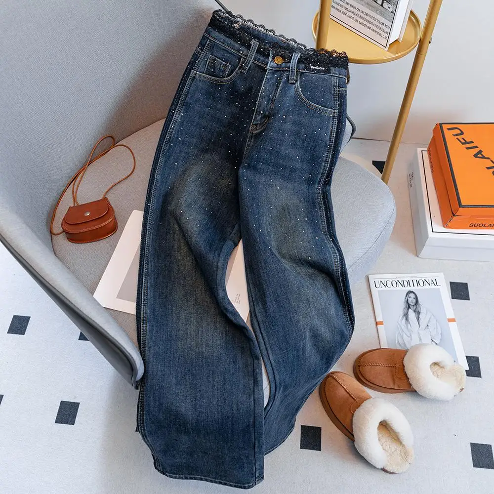 Vintage rendas strass denim calças femininas coreano cintura alta retalhos perna larga jeans na moda fivela casual calças retas