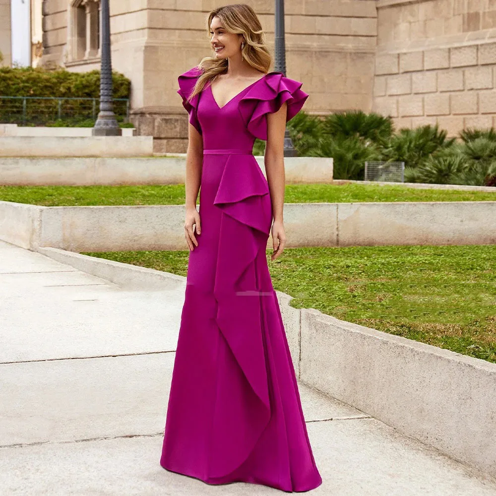 Elegant Mother of the Bride Dresses Mermaid Ruffle V Neck Wedding Guest Gown for Women 2023 Trumpet Formal Evening Dress Fuchsia