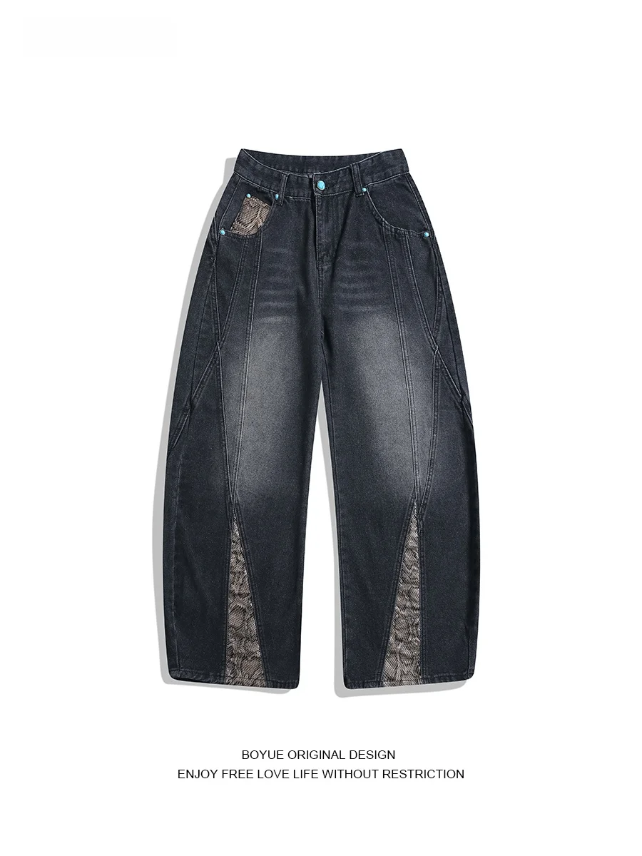 

Джинсы Boyue American Street в стиле пэчворк, унисекс, широкие, длинные, с узором под змеиную кожу, винтажный дизайн, повседневные