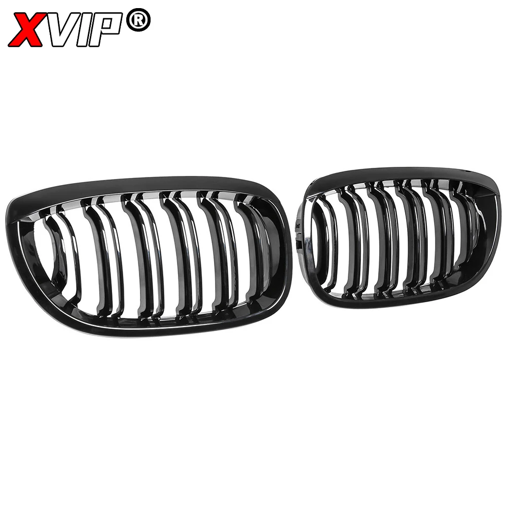 XVIP Matte Double Line Style Front Bumper Racing Grille For BMW 3 Series E46 2-Door 2002-2004 All Black Dual Slats Kidney Grill