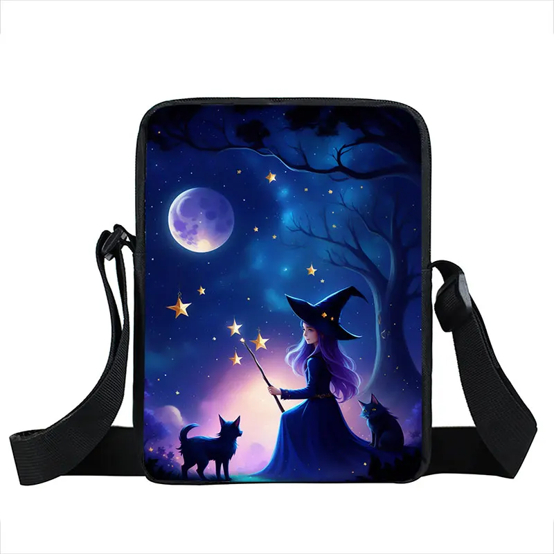 Fantasy gwiaździste niebo czarownica torby Crossbody księżyc czarownica czary magiczne kobiety przenośna torba na ramię dziewczyny torby na książki